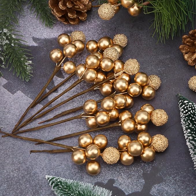 10pcs Glitter Fake Artificial Gold Berries Picks Christmas Tree Decorations Foam Flower Core Wedding Garland Holiday Party Photography Props