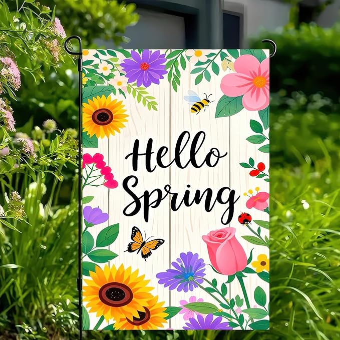 Hello Spring Garden Flag 12x18 Inch Floral Welcome Garden Flag Spring Yard Banner for Outdoor Porch Patio Lawn Springtime Farmhouse Outdoor Decor Seasonal Garden Flags