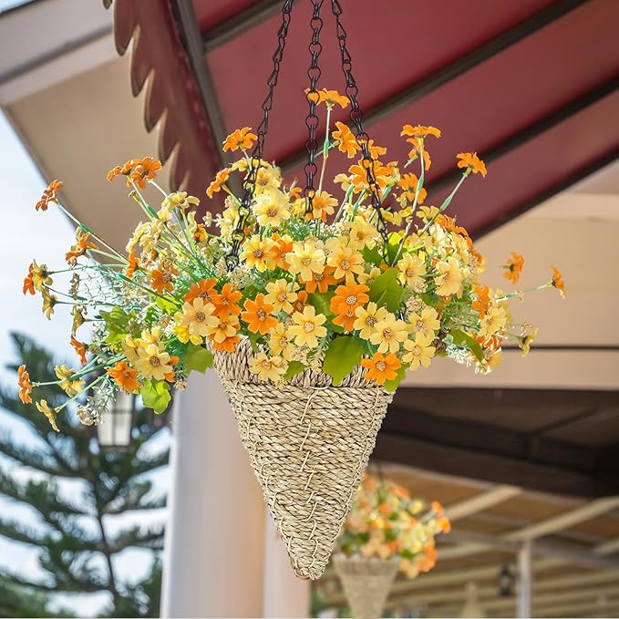 4 Pcs Hanging Plant Flower Basket for Outdoor Spring Decoration, 7.87 Inches Black Iron Chain Wicker Woven Conical Artificial Flower Hanging Basket, Plants Not Included (Brown)