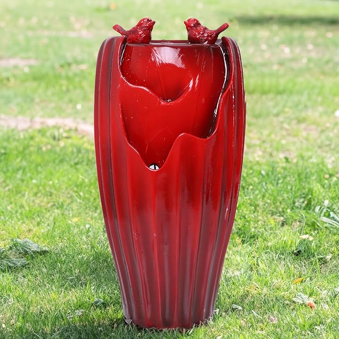 Ferrisland Red Fountain with LED Lights, 20" H Resin Vase Outdoor Freestanding Fountain with Adjustable Water Pump, Outside Garden & Backyard Decking Décor