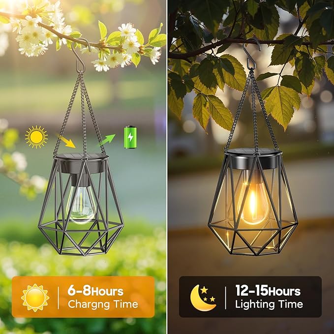 KOOPER 2 Pack Hanging Solar Lanterns Outdoor Waterproof, Metal Hanging Solar Lights for Outside, Upgraded Brighter Outdoor Lanterns Decorative for Garden Patio Yard Porch Gifts for Women Mom Grandma