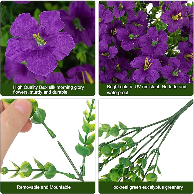 Artificial Flowers for Outdoors Fake Plants Outside Decoration, 20 Bundles Purple Silk Petunia with Eucalyptus UV Resistant Realistic Faux Flowers for Outdoor Planters Garden Balcony Yard Porch Patio
