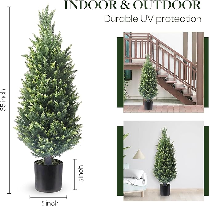 37 Inch Set of Two，Artificial Cedar Topiary Tree, for Indoor & Outdoor Decoration, UV Protection Potted Shrubs for Front Door, Beautiful and Lifelike Tree(37 Inch)
