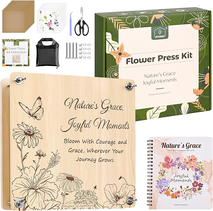 Joy&Grace Large Flower Press Kit for Adults & Kids with Designed Cover and DIY Album,10 Layers Plant Press and Plant Drying Toolkit, Flower Preservation Kit, 10.9" x 10.9" (Color Box, Natural Wood)