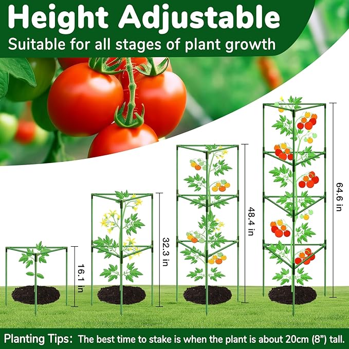 [Upgraded] ZeeDix 65 Inch Tall Tomato Cages for Garden, 6 Pack Large Plant Trellis Support Stakes for Climbing Plants, Heavy Duty Adjustable Tomatoes Cage for Pots, Raised Garden Bed Outdoor Supplies