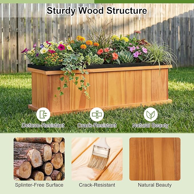 Giantex Outdoor Raised Garden Bed, 28” x 10” x 10” Pine Wood Planter Box with 3 Drainage Holes, Removable Bottom & Bed Liner, Rectangular Flower Container for Vegetables, Herbs, Indoor & Outdoor