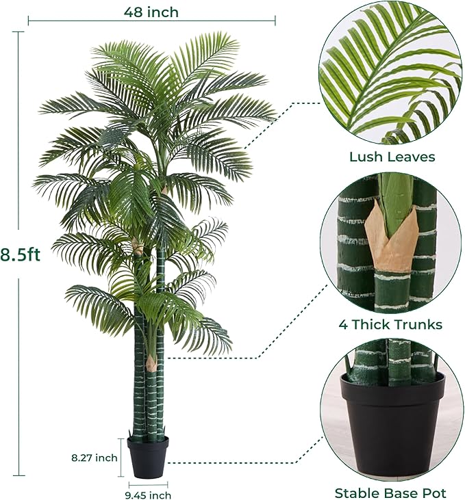 8.5FT Tall Golden Cane Palm Tree with 4 Trunks (1 Pack), Extra Lush Large Faux Plants, UV Resistant Indoor/Outdoor Fake Plant in Heavy Cement Pot - Realistic Tropical Decor for Patio, Home, Office