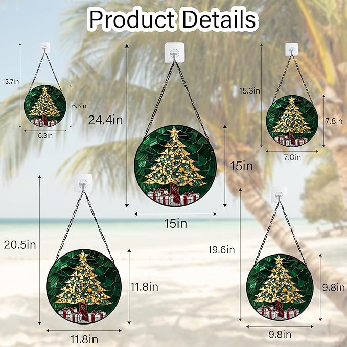 HWRHTR Stained Glass Window Hanging - Golden Christmas Tree Suncatcher for Doors Home Christmas Decoration Winter Sun Catcher Thanksgiving New Year Birthday Gifts for Women Men Mom Nana Girl 9.8 in