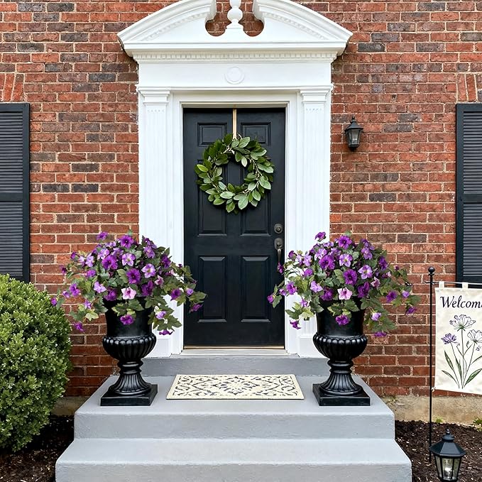 2PCS Artificial Petunia Flowers for Outdoors, Fake Flowers for Outdoor Planters UV Resistant Faux Silk Petunias for Garden Porch Yard Balcony Patio Realistic Home Kitchen Decor(Double Purple)