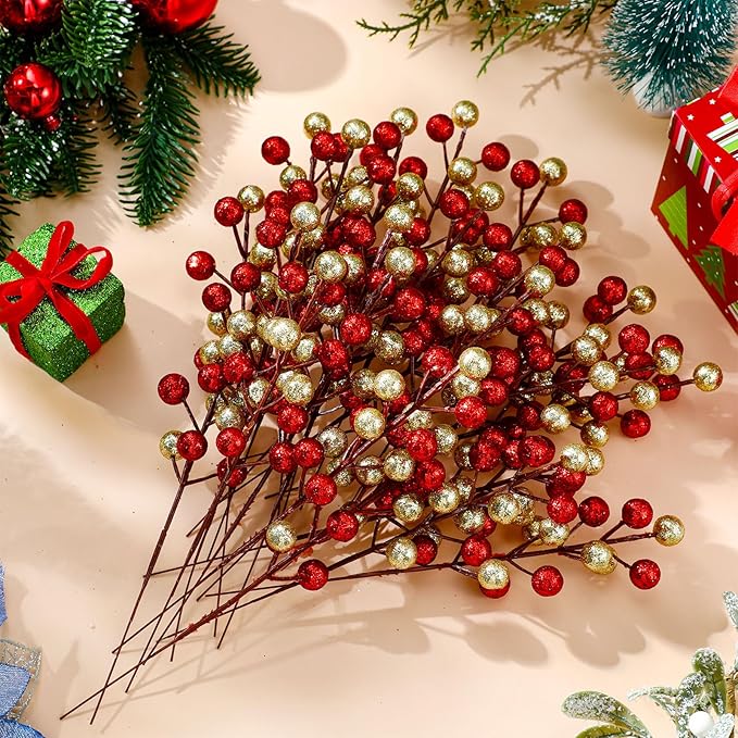 24 Pcs Christmas Glitter Berries Stems, 8.8" H Artificial Christmas Picks for Christmas Tree Ornaments, Holiday Wreath DIY Crafts, Xmas and Home Decor (Red, Gold)