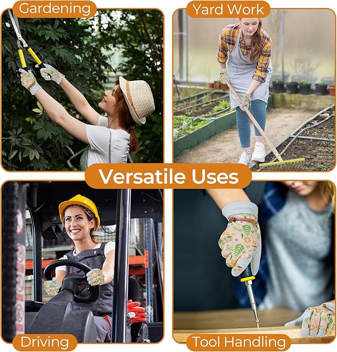 HANDLANDY Work Gloves for Women, Breathable Leather Gardening Glove for Yard Maintenance, Hand Protection with Touch Screen for Gardeners, Farmers