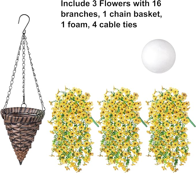 HyeFlora Artificial Hanging Flowers Basket for Outdoor, Fake Flowers Faux Plants Look Real for Yard Gardens Porch Patio Home (Yellow)