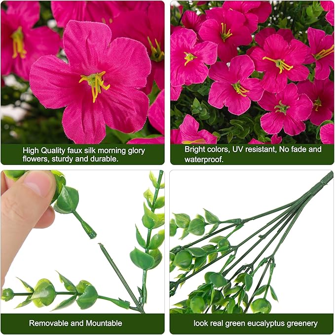 Artificial Flowers for Outdoors Fake Plants Outside Decoration, 20 Bundles Fuchsia Silk Petunia with Eucalyptus UV Resistant Realistic Faux Flowers for Outdoor Planters Garden Balcony Yard Porch Patio