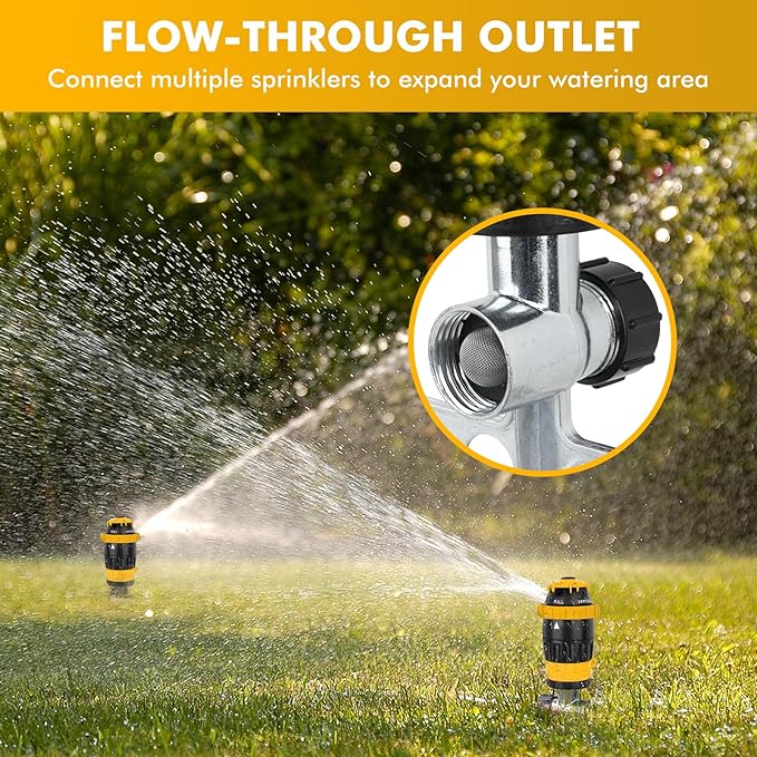 [2 Pack] RESTMO Gear Drive Sprinkler with Metal Spike Base, 5-Pattern Heavy Duty Gardening Watering System, Multi-Adjustable Lawn Sprinkle for Garden Plant, Flower Bed and Large Yard Area, Yellow