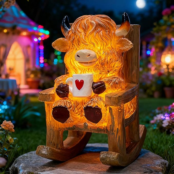 Light Up Highland Cow Figurines Garden Decor, Solar Powered Resin Scottish Highland Cow Sitting on Chair Statue, Cute Centerpiece Figurine Decoration for Garden Patio Gifts
