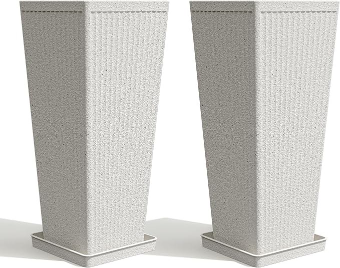 Trygoal Square Tall Planters for Outdoor Plants Set of 2-23.6" Heavy-Duty Classic Tapered Indoor Flower Pots with Drainage Holes/Partition/Tray, Large Outdoor Planters for Porch Patio Garden, White