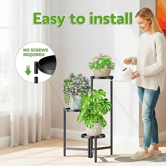 NQW 3 Tier Large Plant Stand Indoor with 7.9 Inch Wide Tray, Tiered Corner Metal Outdoor Flower Holder Stand, Folding Tall Rack for Display Shelf for Patio Porch Balcony - BlackDisk