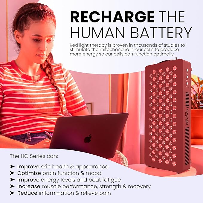 Hooga Red Light Therapy Panel for Face and Body, Red & Near Infrared LED Light with Timer and Stand, 60 High-Efficiency Low-Level LEDs (<5 mW), Flicker-Free Wellness and Recovery Device – HG300.
