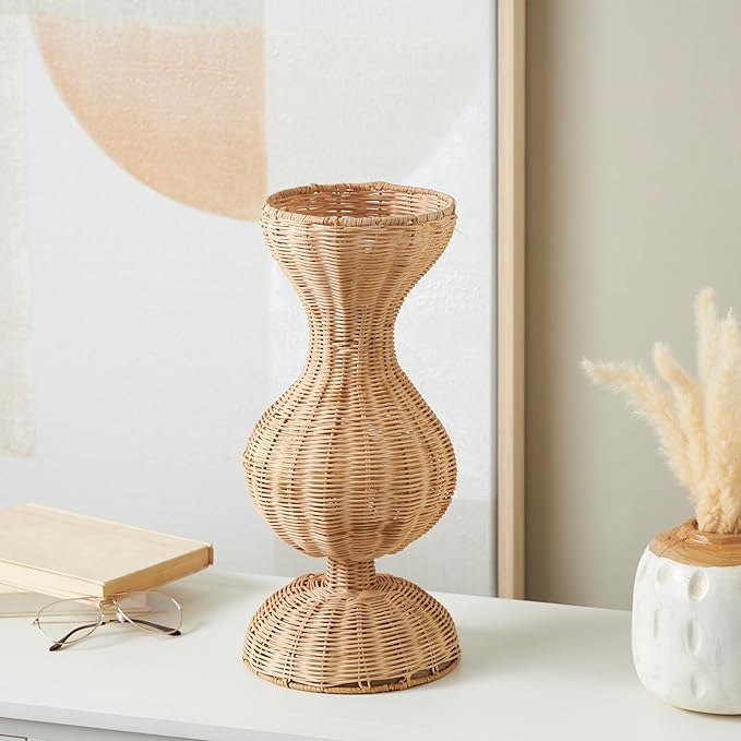 Deco 79 Rattan Handmade Decorative Vase Woven Hourglass Centerpiece Vase with Dome Base, Vase for Home Decoration 8" x 8" x 16", Brown