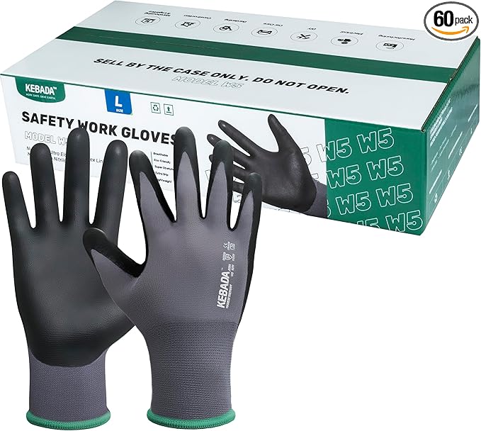 Kebada W5 Work Gloves Bulk Pack (60 Paris), Foam Nitrile Coated Safety Gloves with Grip, Knitted with Spandex and Nylon, Ideal for Gardening, Warehouse, XXL