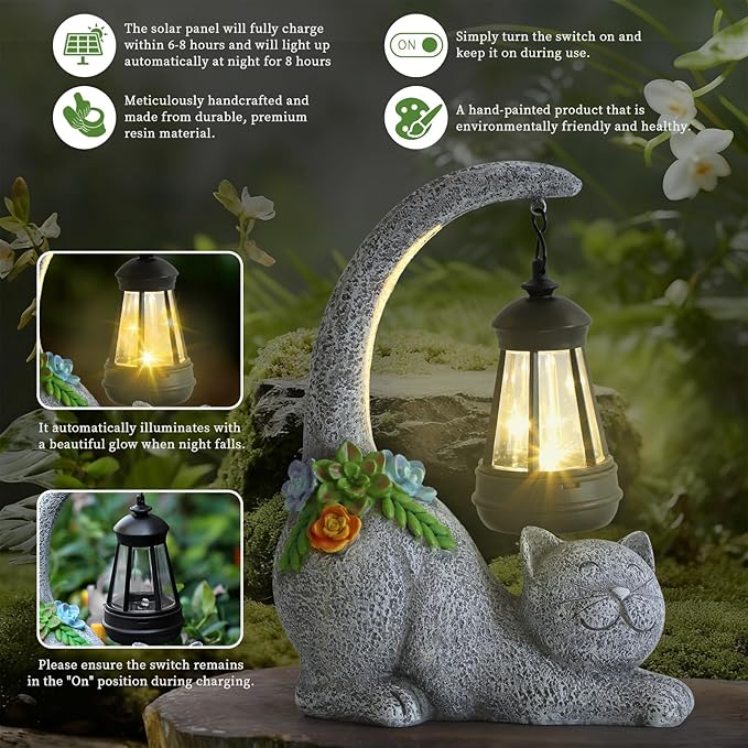Ploxoiven Garden Cute Cat Gnome Statue Decorations - Solar Resin Cat wtih Solar Garden Lights Outdoor Decorations Waterproof for Patio,Yard,Lawn,