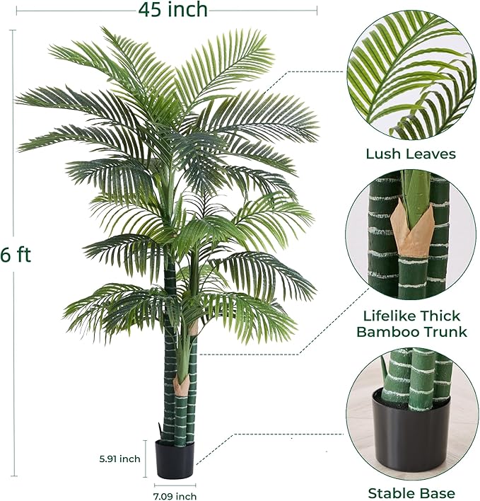 6FT Tall Triple Golden Cane Palm Tree (1 Pack), Large Faux Plants, UV Resistant Indoor/Outdoor Fake Plant in Heavy Cement Pot - Realistic Tropical Decor for Patio, Living Room, Office