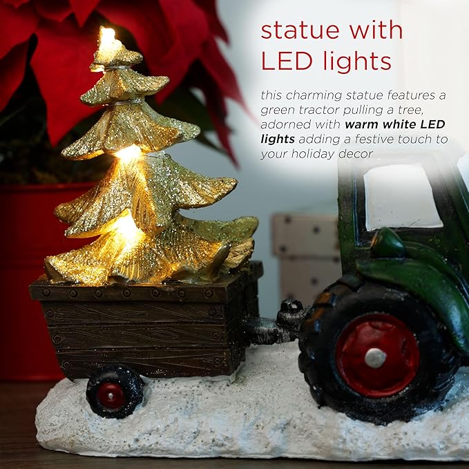 Alpine Corporation 7" Tall Holiday Green Tractor Pulling Gold Tree Statue with Warm White LED Lights, Christmas Decoration for Tabletop, Shelf, Mantel, or Entryway Display
