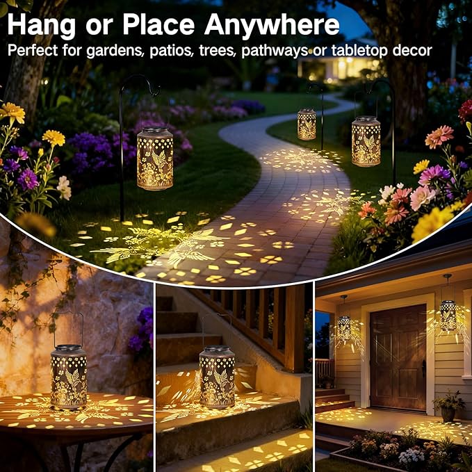 OUTONLIFE Hummingbird Outdoor Solar Lanterns, Waterproof Metal Hanging Solar Lights for Outside Yard, Garden, Patio, Lawn, Pathway Decorations, Birthday Gifts for Women Mom Grandma