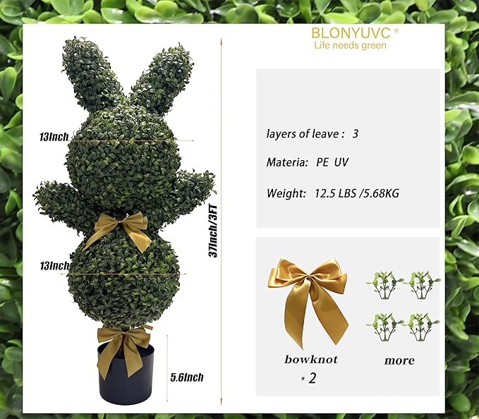 BLONYUVC 36'' Artificial Bunny-Shaped Topiary Double Ball Tree Pot UV-Resistant Bowknot Faux Boxwood Topiaries Plant for Porch Decor Outdoor/Indoor 2 Pack