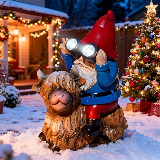 Christmas Gnome Decorations Statue - Garden Gnomes Solar LED Telescope Lights Sitting on Highland Cow Outdoor Patio Lawn Yard Balcony Home Decor Gnomes Gifts for Women Mom