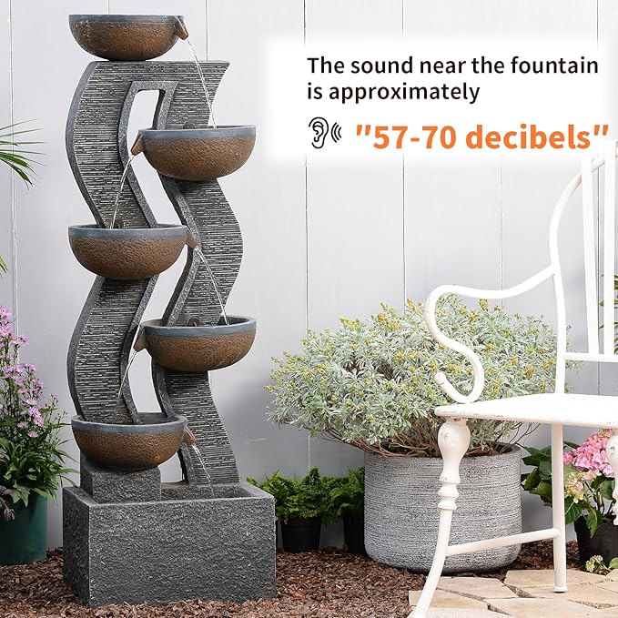 52.8" Tall Outdoor Water Fountain and Waterfall with LED Lights, Cascading Bowl Garden Waterfall Fountain for Patio, Garden, or Porch Decor – Large Freestanding Resin Water Feature for Backyard