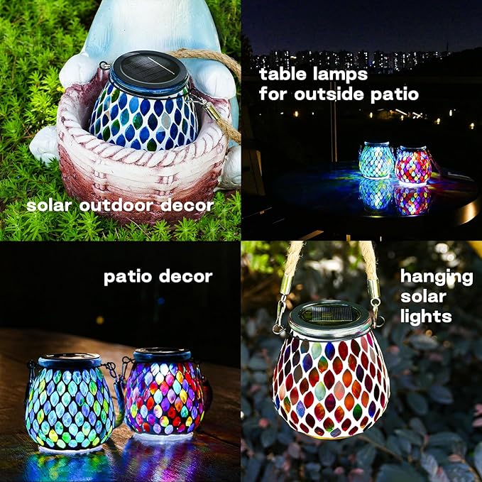 Mosaic Red Solar Lanterns, Outdoor Glass Hanging Lights, Waterproof, Solar Table Lamps, Christmas Gifts for Women Mom Grandma, Night Lights, Decoration for Garden, Patio, Yard, Party, Outdoor Decor