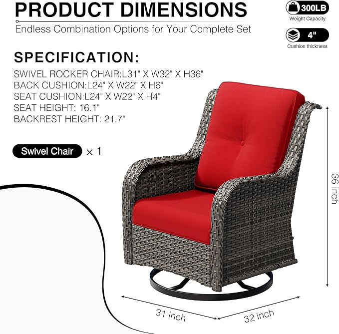 Joyside Outdoor Swivel Rocker Patio Chairs, Wicker Patio Furniture with High Back, Deep Seating, Wide Armrest, Thickened Cushions, Outdoor Rattan Furniture for Deck, Porch Use
