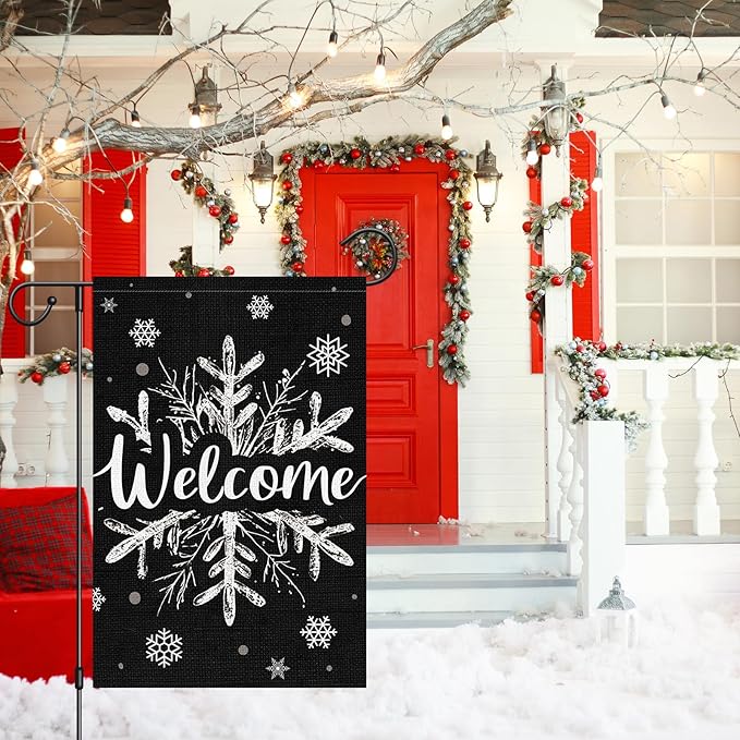 Heyfibro Christmas Garden Flag Welcome Winter Garden Flags 12x18 Inch Double Sided Burlap Snowflake Yard Flag for Winter Holiday Xmas Yard Outdoor Decoration(ONLY FLAG)