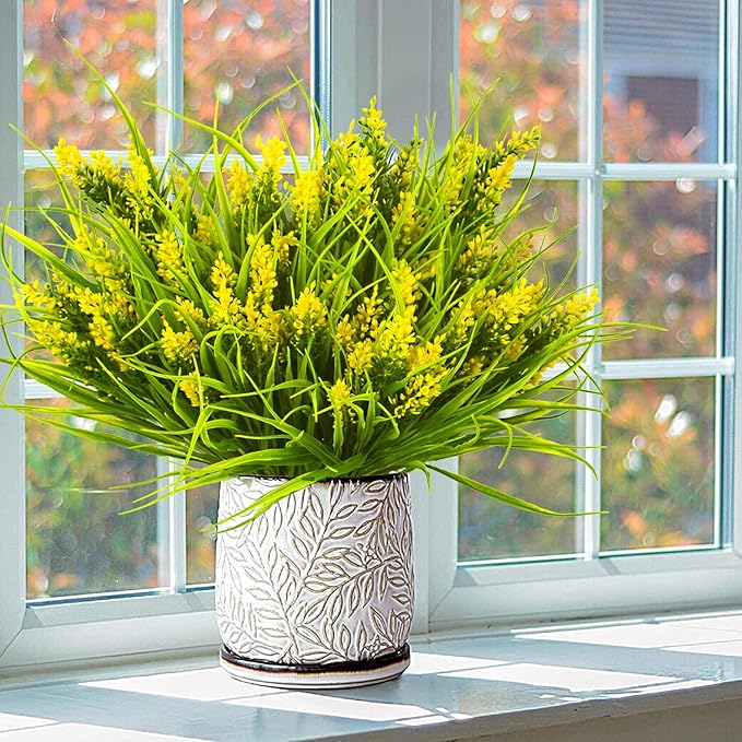 Grunyia 20 Bundles Artificial Plants Outdoor Fake Monkey Grass with Flowers (Yellow)