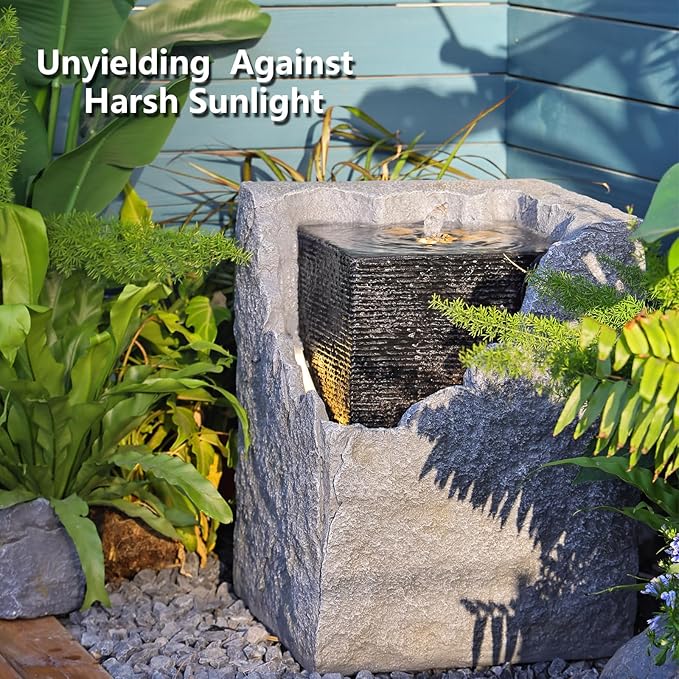 Garden Water Fountain Outdoor Bubbling Fountain Small Fountains Indoor Waterfall Floor Standing Water Fountains for Garden, Patio with LED Lights, Pump, Natural Stones
