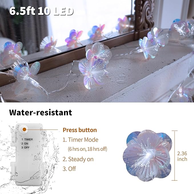 YOLIGHT Fiber Optic Flower String Lights Battery Operated with Timer, 6.5ft 10 LED Flower Garland Lights Fairy Lights for Room Table Wedding Christmas Easter Décor (White)