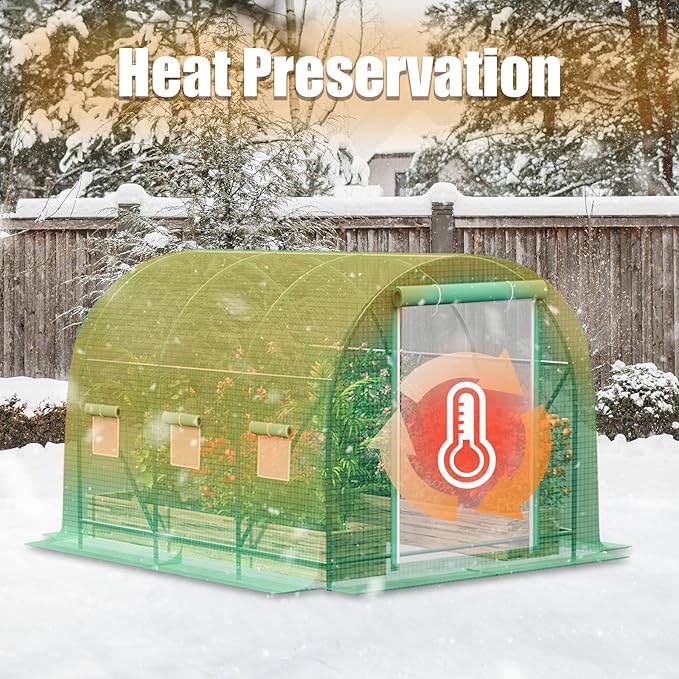 10x10x7 Greenhouse, Portable Green House for Outside, Greenhouses Kit for Outdoor with Metal Frame, Thicken PE Cover, Ground Nail and Fixed Ropes (Green Cover)