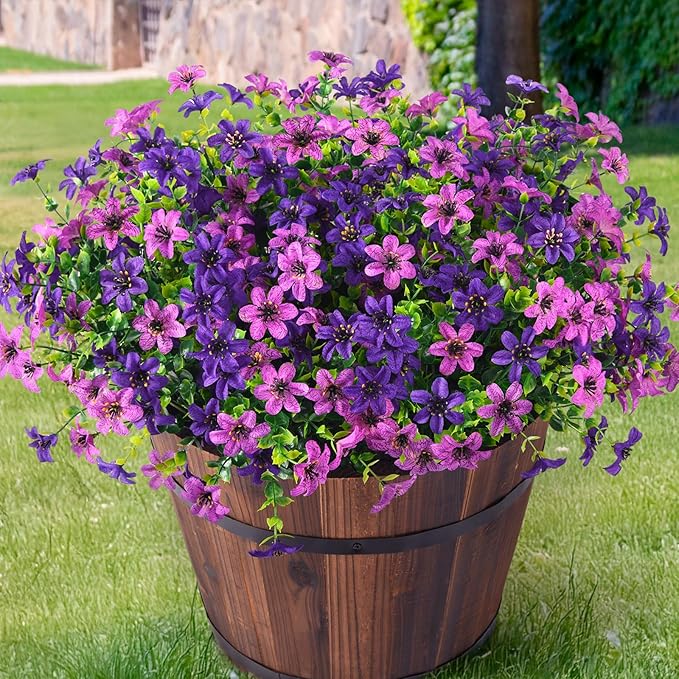 Artificial Flowers for Outdoors 12 Bundles Fake Plants Spring Home Decoration, Realistic Faux Flower Silk Daisy with Eucalyptus Stem UV Resistant Patio Planter Porch Yard Window (Double Purple)