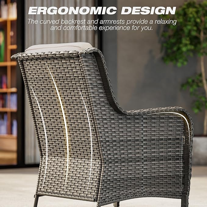 Joyside 3 Piece Wicker Patio Furniture Set with Fire Pit Table, Rattan Patio Chairs with High Back, Deep Seating, Wide Armrest, Thickened Cushions, Outdoor Furniture for Deck, Porch Use