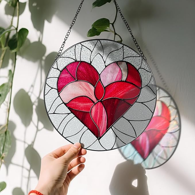 LAOWEIKI 8'' Valentine Heart Suncatcher Ornament, Stained Glass Window Hanging, Suncatchers for Windows Hanging Ornaments, Valentine's Romantic Decor | Valentine's Day Gift, Gifts for Girlfriend, Wife