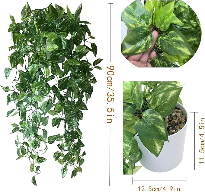 35.5" Artificial Pothos Ivy Plants Set of 2 with Pots, Fake Hanging Greenery Silk Leaves for Home Decor, Realistic Faux Plants for Shelf Tabletop Office, No Maintenance Needed (Light & Dark Green)
