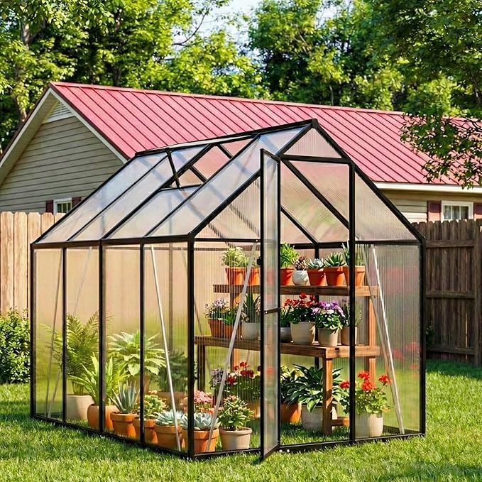 6X7.5 FT Polycarbonate Greenhouse, Walk-in Green House for Outside, Reinforced Aluminum Frame Greenhouses, Heavy Duty Garden, Patio, Backyard Flower Planting