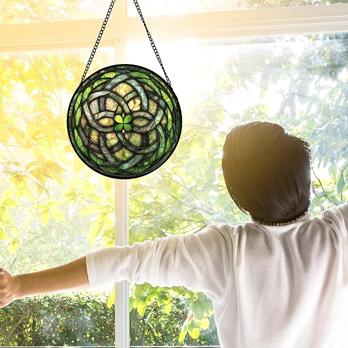 DASTOLL Stained Glass Window Hanging, Abstract Green Clover Sun Catchers Colorful Glass Panel Bless Suncatcher Decor for Birthday for Women, Men, Wife, Aunt, and Mom 6.3 in