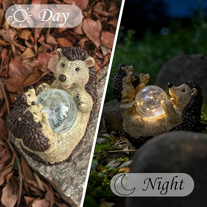 SOFFEE GARDEN Solar Hedgehog Statue with Ball Lamp, 9x5x9 Inch Outdoor Garden Decor, Cute Resin Animal Figurine for Yard Pathway & Patio Lighting