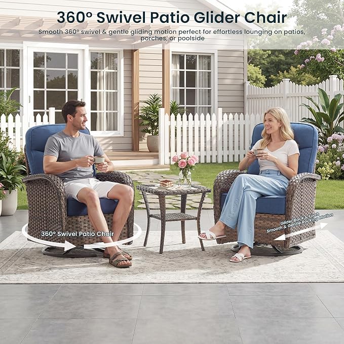 Luxury 6-Inch Cushion Outdoor Swivel Rocker Patio Chairs with Side Table, High Back Wicker Patio Furniture Set for Deck Porch Garden Balcony and Poolside Blue Cushion