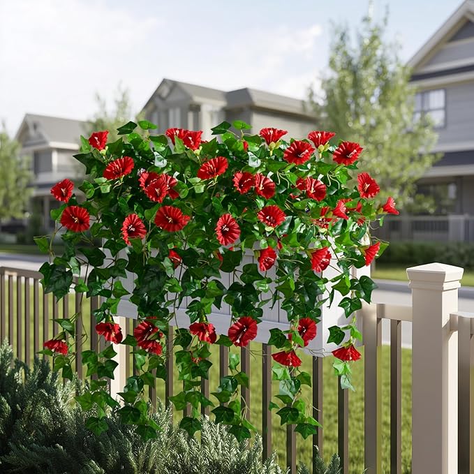 Morning Glory Artificial Hanging Flowers for Outdoors 3 Pcs Fake Petunias Flower Faux Silk Long Trailing Vines Realistic Flower for Front Door Porch Patio Balcony Garden Yard Decor (3 Pcs Red)