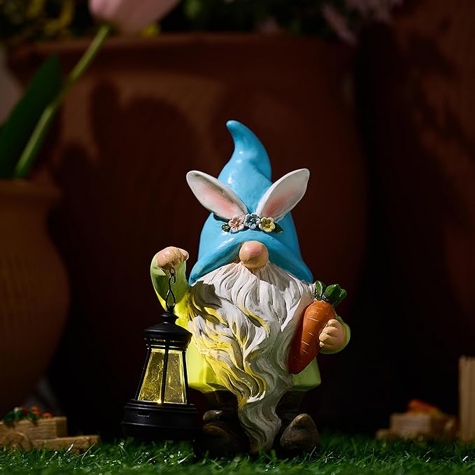 TERESA'S COLLECTIONS Easter Bunny Gnome Decorations with Solar Outdoor Light for Garden Decor, Spring Resin for Outside, Decorations for Patio Home Yard, Ideal Gifts for Dad and Mom, 8"
