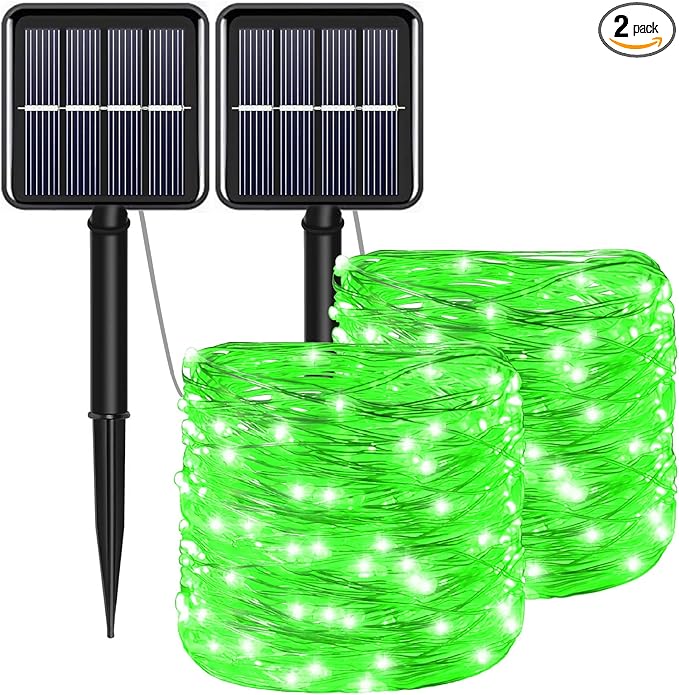 YAOZHOU Green Solar Fairy String Lights Outdoor, 2 Pack Each 100LED 8 Modes Copper Wire Lights Christmas Decorations IP67 Waterproof for Garden, Patio, Fence, Balcony