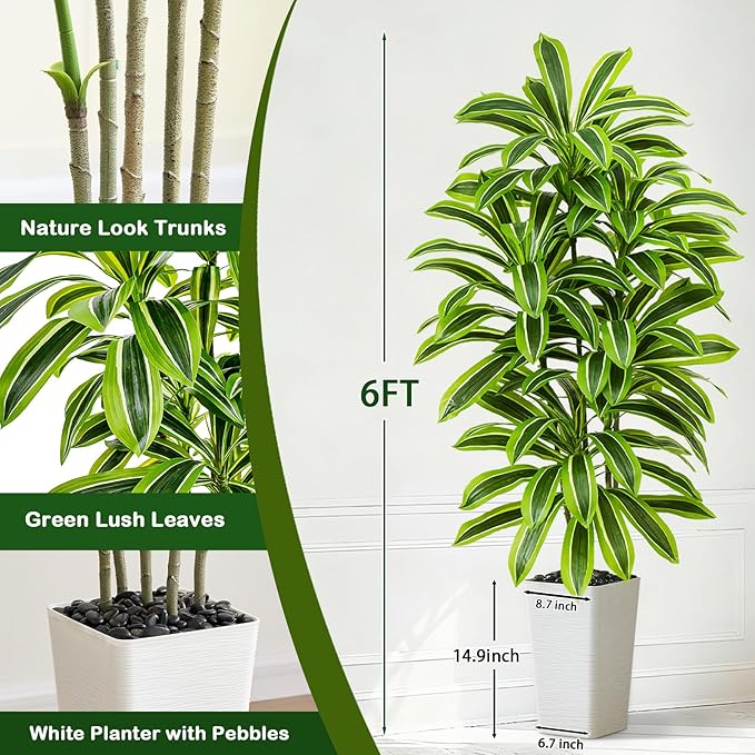 Artificial Yellow Dracaena Tree - 6FT Tall Fake Plants with White Tall Planter - Artificial Plants Indoor Floor Plant in Pot - Large Tropical Fake Yucca Potted Tree for Home Office Living Room Decor